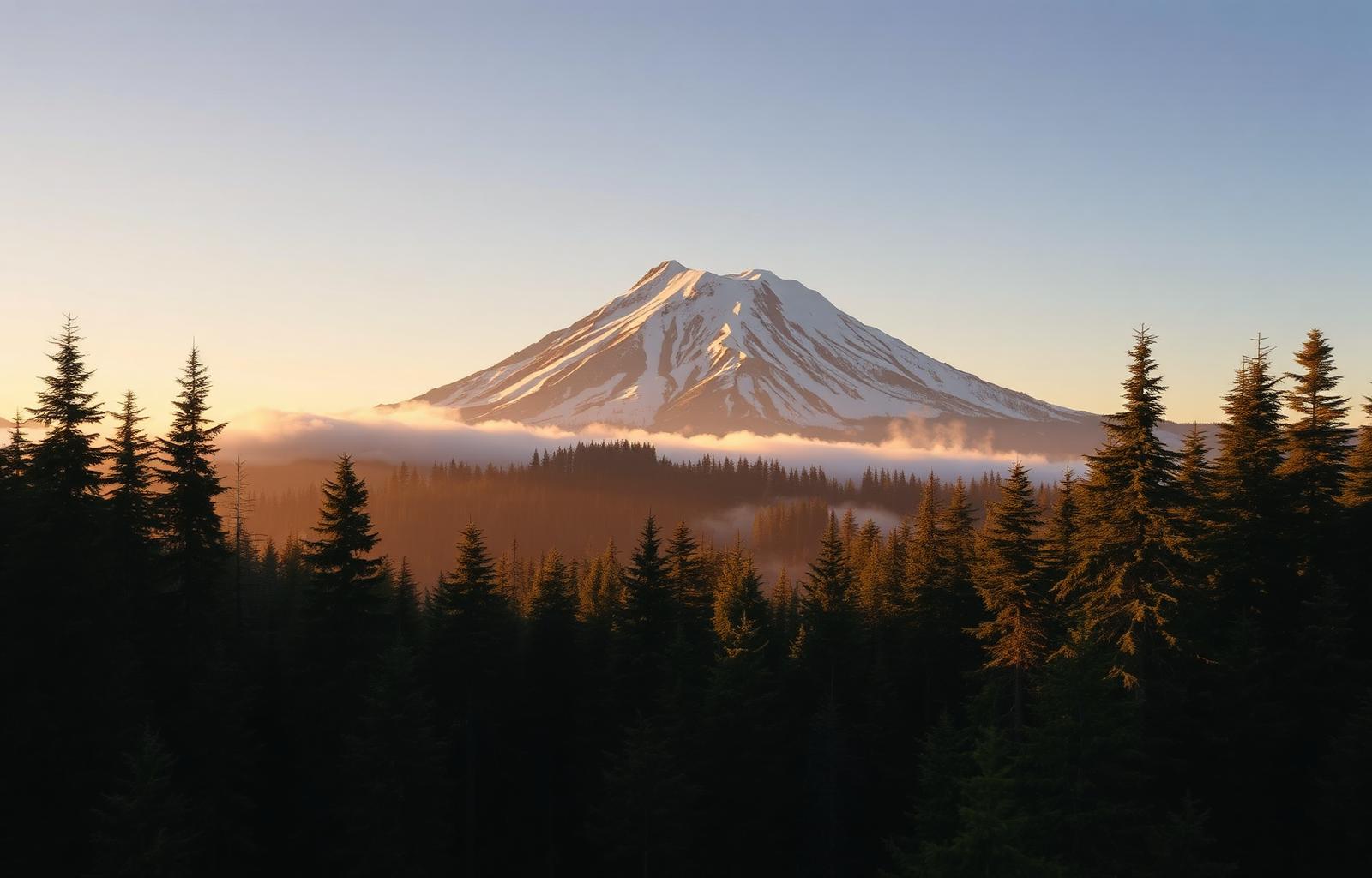 Mount Hood at golden hour with Oregon evergreen forests