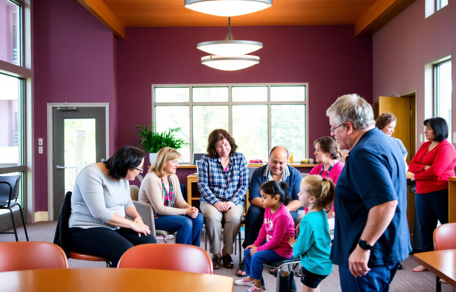 A warm community services center with people of all ages connecting